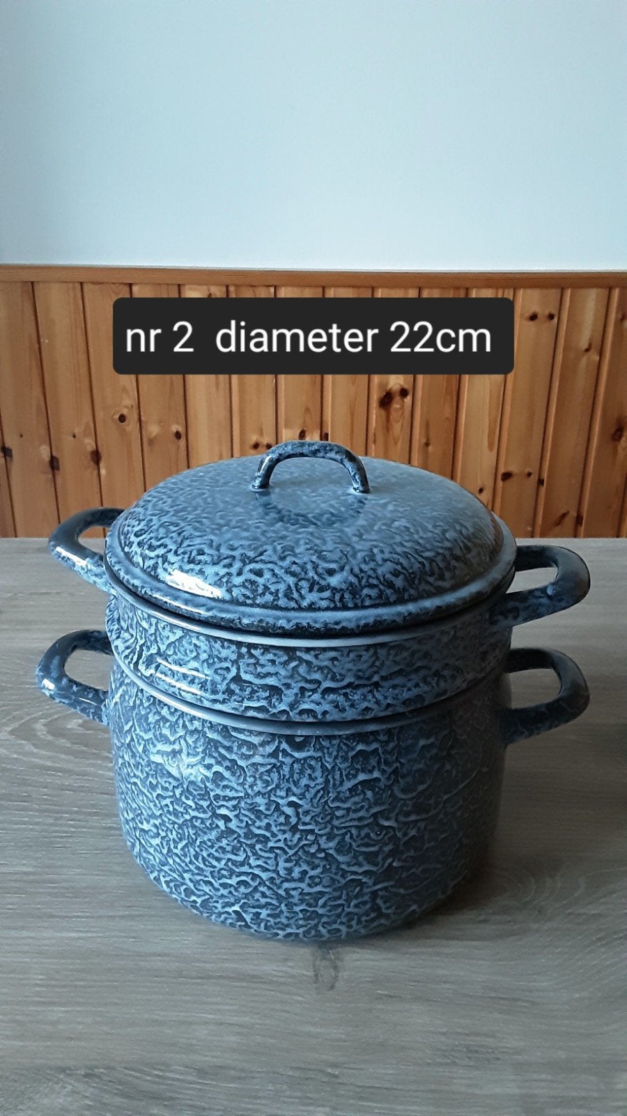 EMAILLE GRIJSGEWOLKTE STOOMPAN DIAMETER 22CM., Antiek en Kunst, Antiek | Emaille, Ophalen of Verzenden