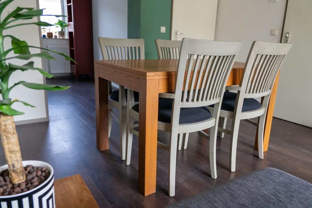 Complete Eethoek: 4 stoelen + Teak houten Tafel, Huis en Inrichting, Complete eetkamers, Ophalen, Gebruikt, 4 tot 6 stoelen