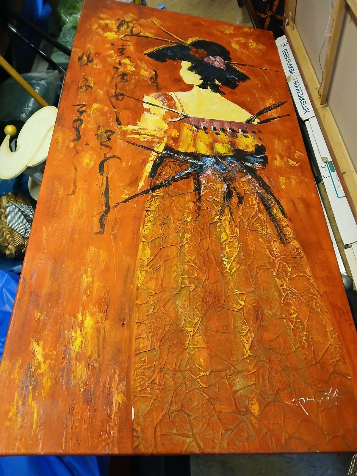 2 x Modern schilderij: Vrouw met hoed in warme tinten, Ophalen, Met textuur, Textiel, Figuren
