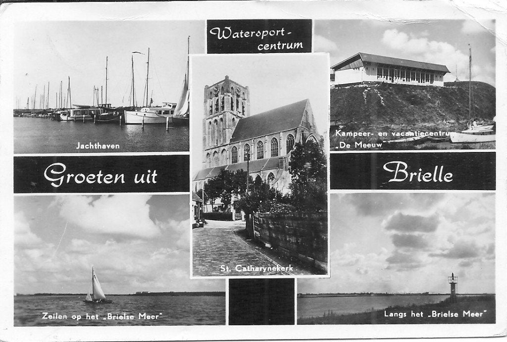 Oude ansichtkaart Brielle - Jachthaven, St. Catharijnekerk, Ophalen of Verzenden, 1940 tot 1960, Gelopen, Zuid-Holland