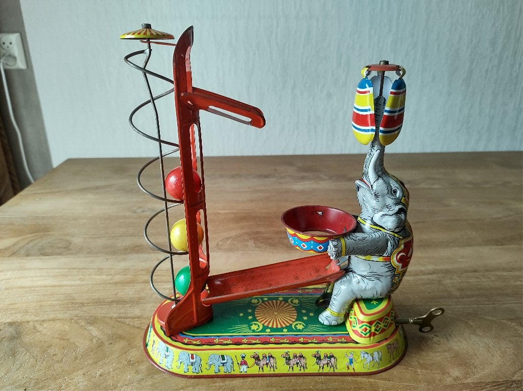 Oud blikken opwind speelgoed circus olifant knikkerbaan, Ophalen of Verzenden