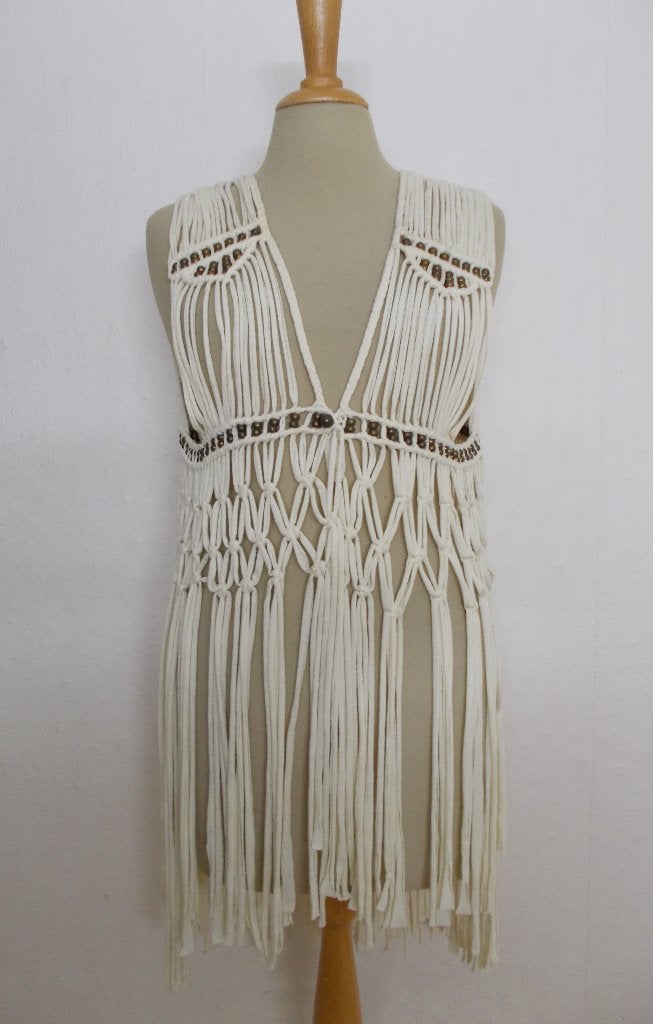 Ibiza/festival/bohemian beige bewerkt top/hes/gilet! L, Beige, Maat 42/44 (L), Ophalen of Verzenden, Zo goed als nieuw
