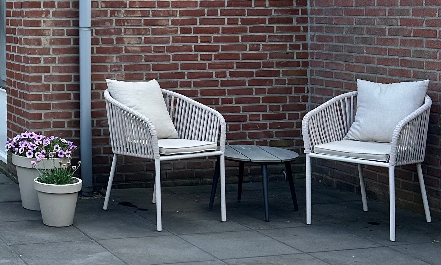 beige tuinstoelen met kussens, Ophalen, Zo goed als nieuw, Aluminium, Stapelbaar
