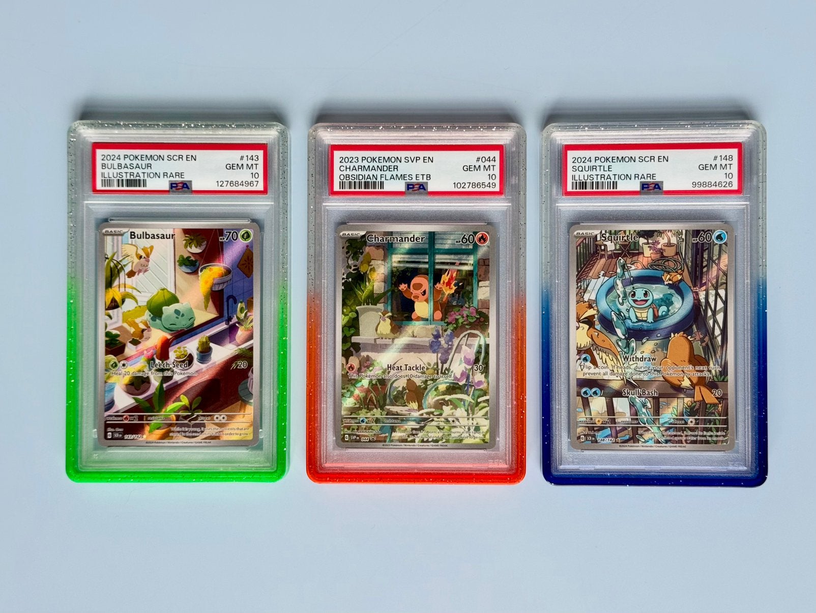 PSA 10 set Bulbasaur #143, Charmander #044, Squirtle #148, Ophalen of Verzenden, Zo goed als nieuw