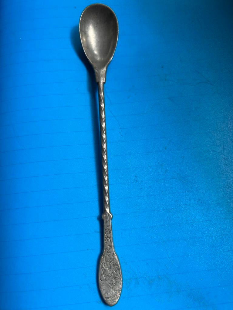 Antieke tinnen lepel met gedraaide steel en decoratie, Ophalen of Verzenden
