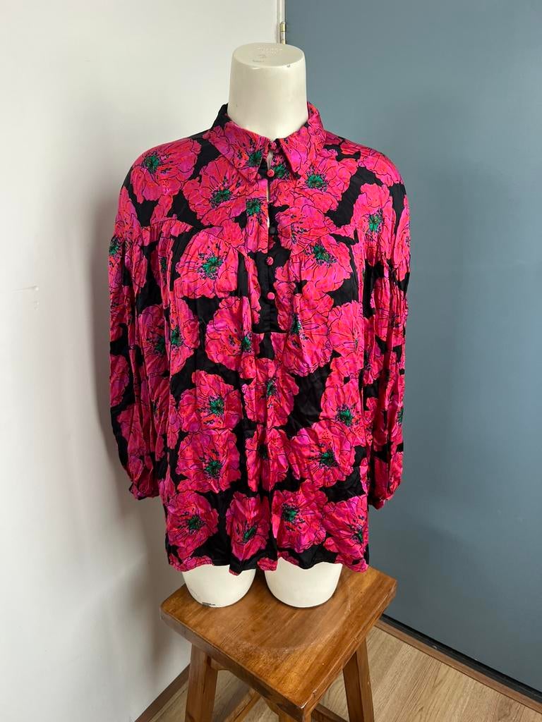 Eksept magenta groen satijnen blouse bloemen l big floral, Maat 42/44 (L), Ophalen of Verzenden, Zo goed als nieuw, X