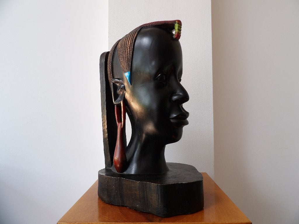 Gaaf Sixties Houten Beeld Afrikaanse Vrouw - 33,5cm, Antiek en Kunst, Buste, Ophalen of Verzenden, 20 - 50 cm, Handgemaakt