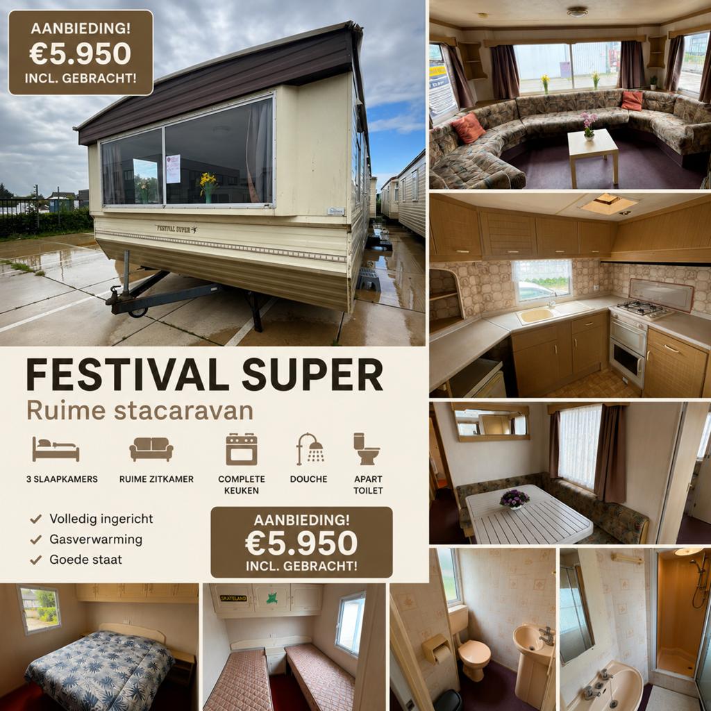 Nette Atlas luxe 370 x 10.50 / 3 SLK / Douche/ wc + Gebracht, Caravans en Kamperen, Stacaravans, Tot en met 4