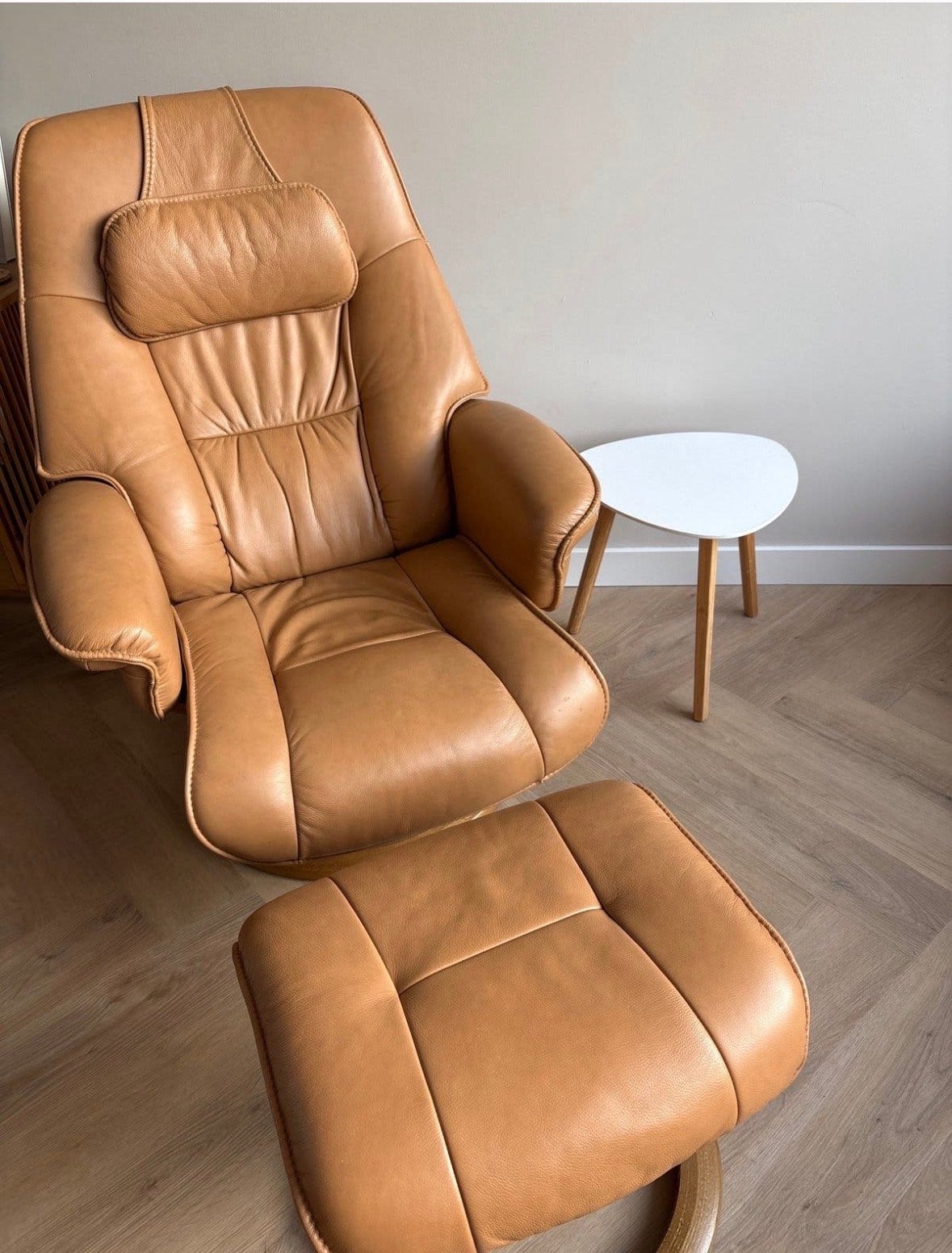 Leren relaxfauteuil met voetenbank - Cognac, Ophalen, Gebruikt, Leer, 75 tot 100 cm