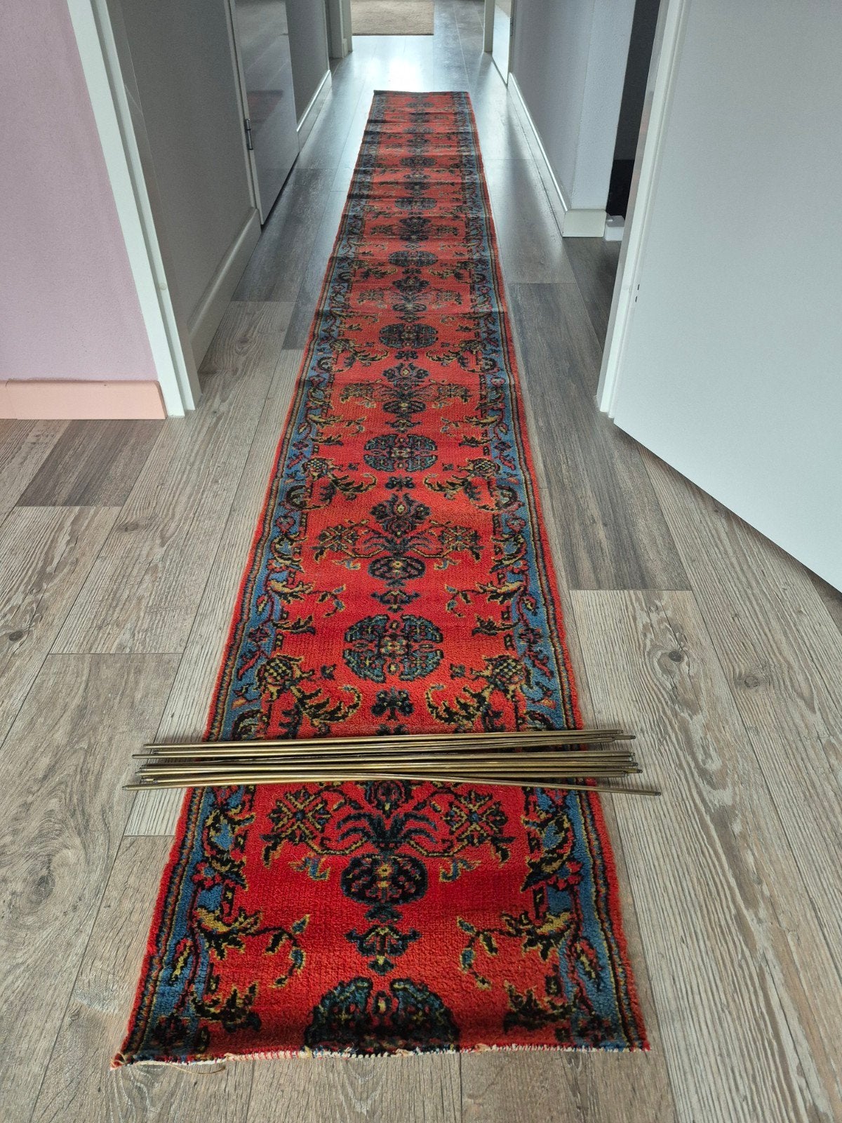 Vintage Oosterse Loper - Rood met Blauwe Accent, Ophalen, Gebruikt, 200 cm of meer, 50 tot 100 cm