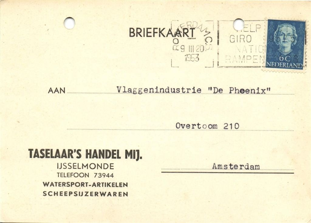 Taselaar Handel Mij., IJsselmonde - 03.1953 - briefkaart, Ophalen of Verzenden, Briefkaart