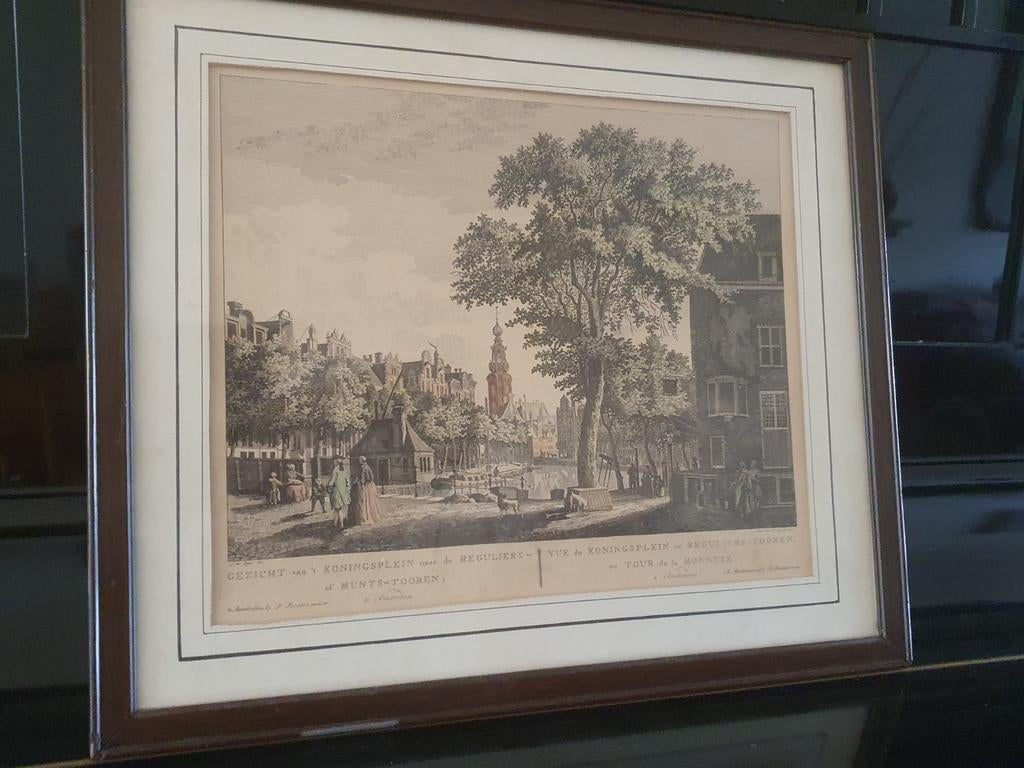 munttoren  Koningsplein 1783 ingekleurd Pieter Fouquet, Antiek en Kunst, Kunst | Etsen en Gravures, Ophalen