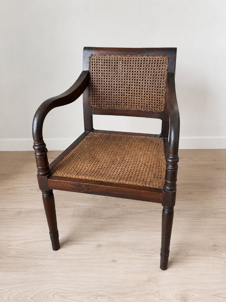 Vintage webbing armstoel / houten rieten stoel, Ophalen, Gebruikt, Minder dan 75 cm, Hout
