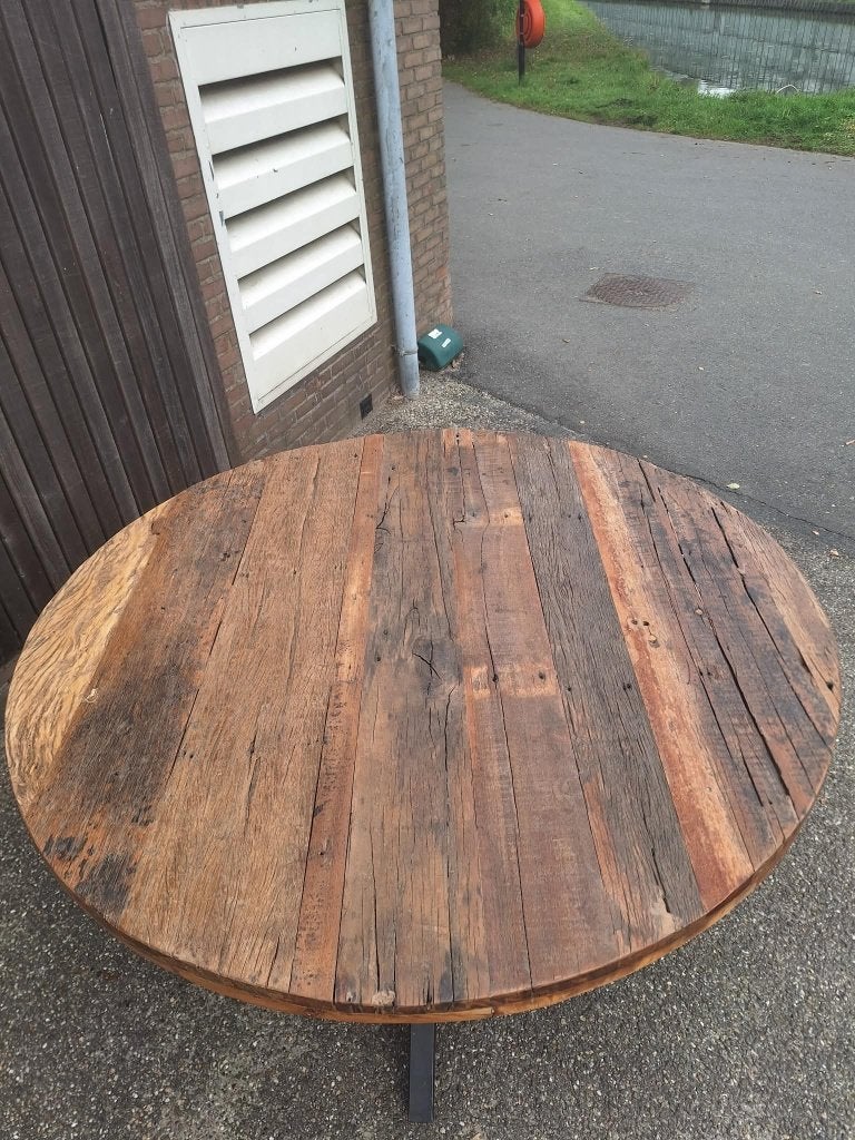 Industriële tafel te koop, Ophalen, 100 tot 150 cm, Rond, Eikenhout