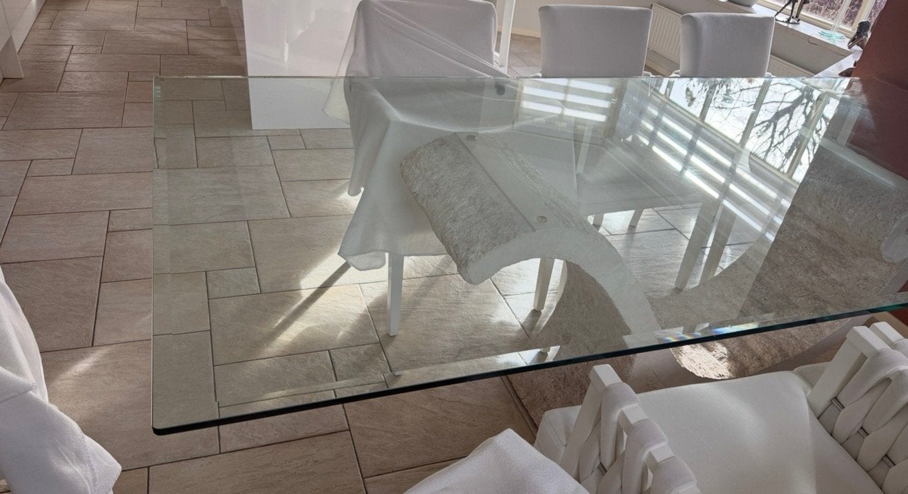 Glazen eettafel met Griekse stijl onderstel, Ophalen, Gebruikt, 100 tot 150 cm, 200 cm of meer