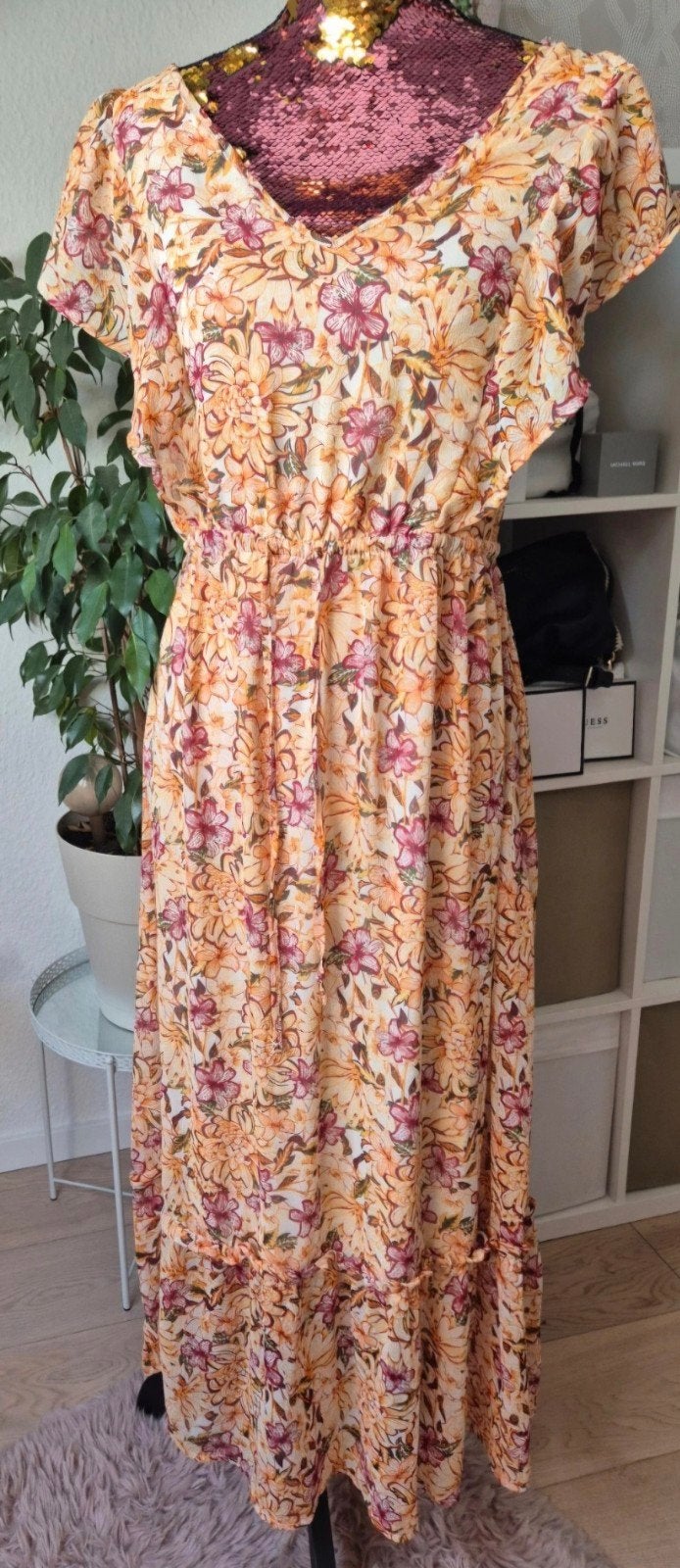 Lange zomerjurk korte mouwen, Ophalen of Verzenden, Zo goed als nieuw, Maat 46/48 (XL) of groter, Onder de knie