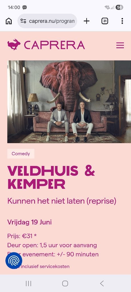 Veldhuis en Kemper Caprera 19 juni 20:30, Tickets en Kaartjes, Twee personen, Juni, Overige typen