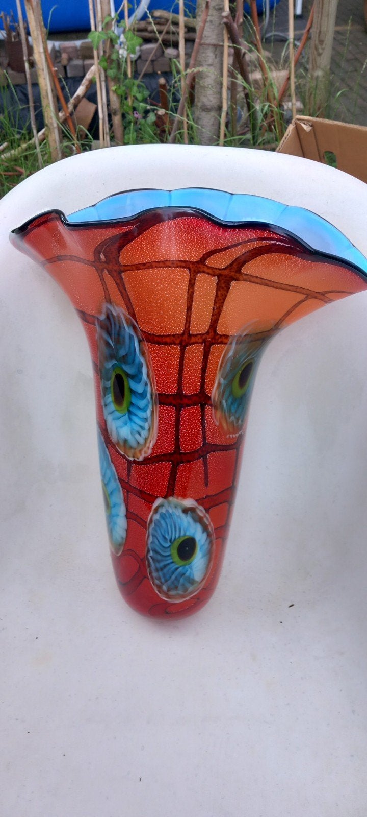Unieke handgeblazen Murano glazen vaas, rood met blauw, Ophalen