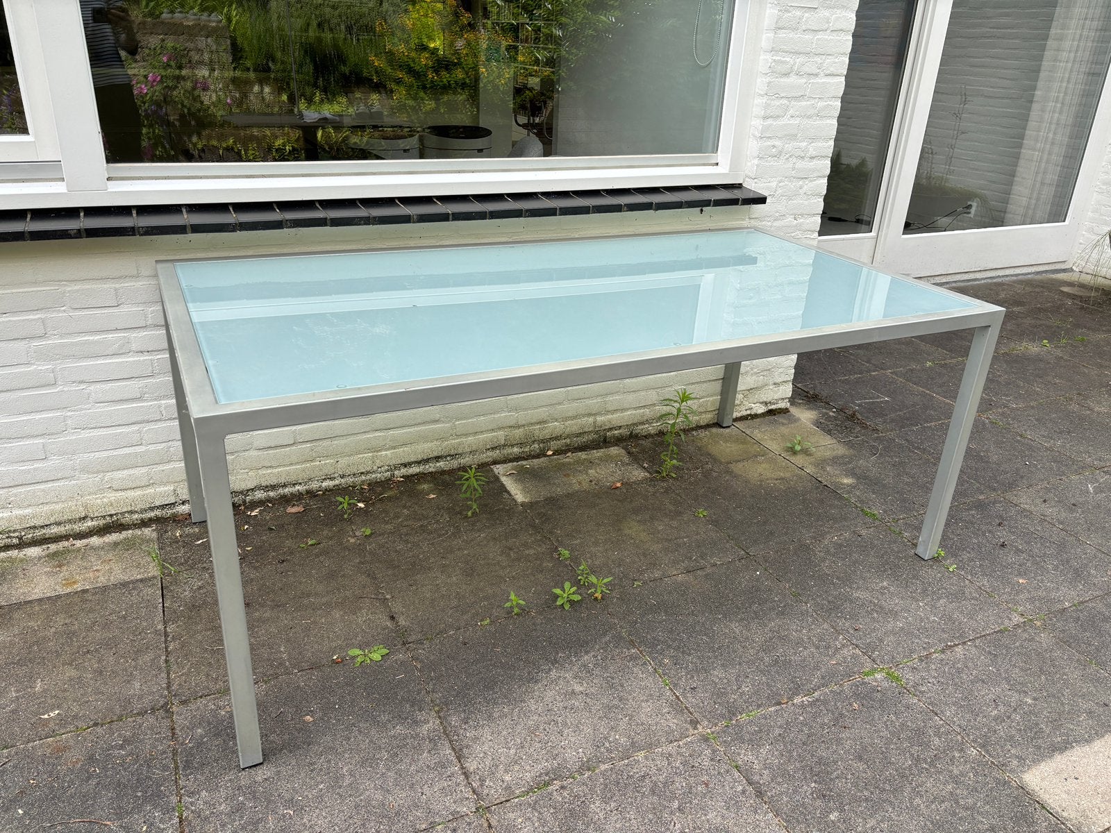 Gratis afhalen tafel 98bx188lx75h metalen frame melkglas, Ophalen, Gebruikt, Overige materialen, 50 tot 100 cm