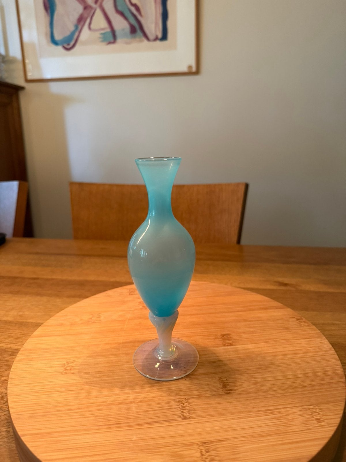 Mooie kleine opaline vaas turquoise ‘50, Huis en Inrichting, Handgemaakt, Blauw, Ophalen of Verzenden, 18 cm