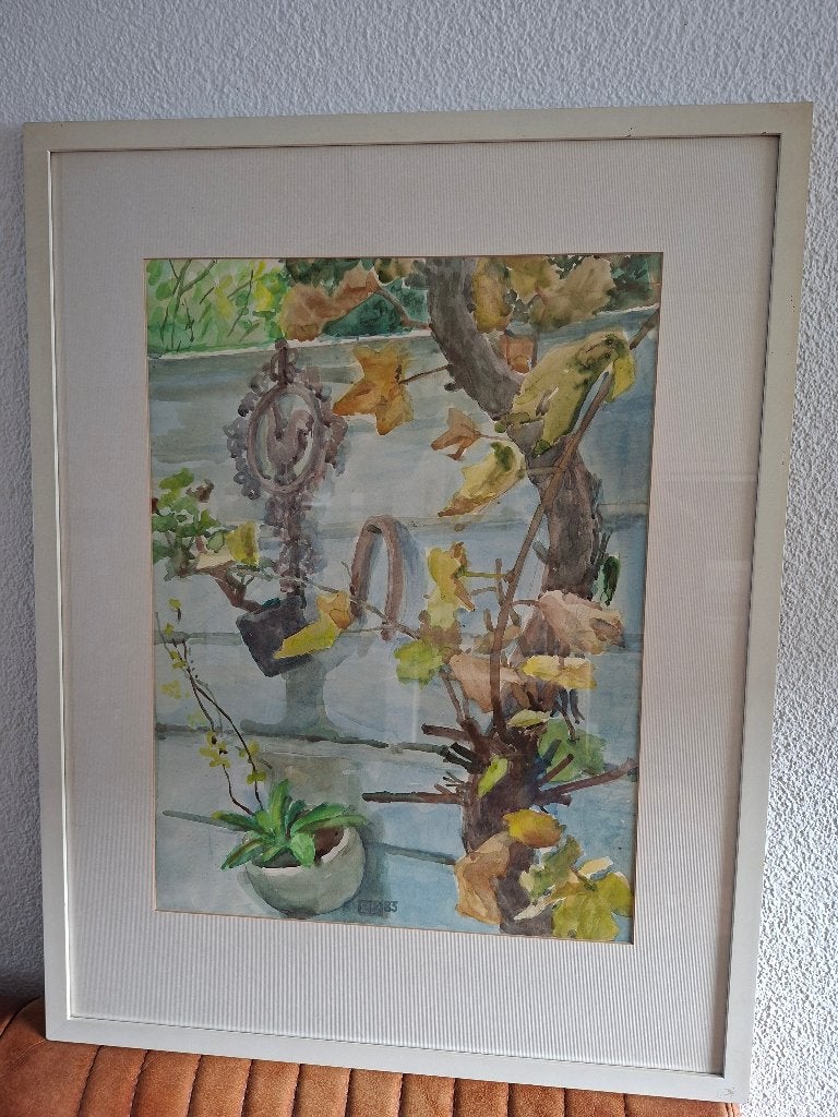 Aquarel 'Blauwe schutting' van Mien van Koppenhagen, Antiek en Kunst, Ophalen, Realistisch, Gesigneerd, Aquarel