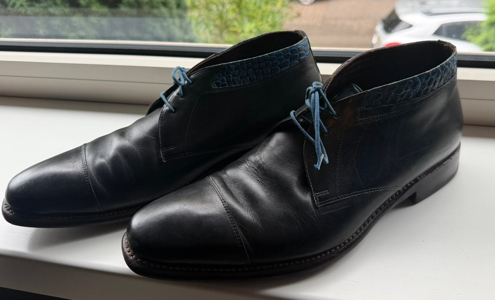 Floris van Bommel 18124/01 Zwart leer met Blauwe Snakeprint, Ophalen, Zwart, Gespschoenen, Gedragen