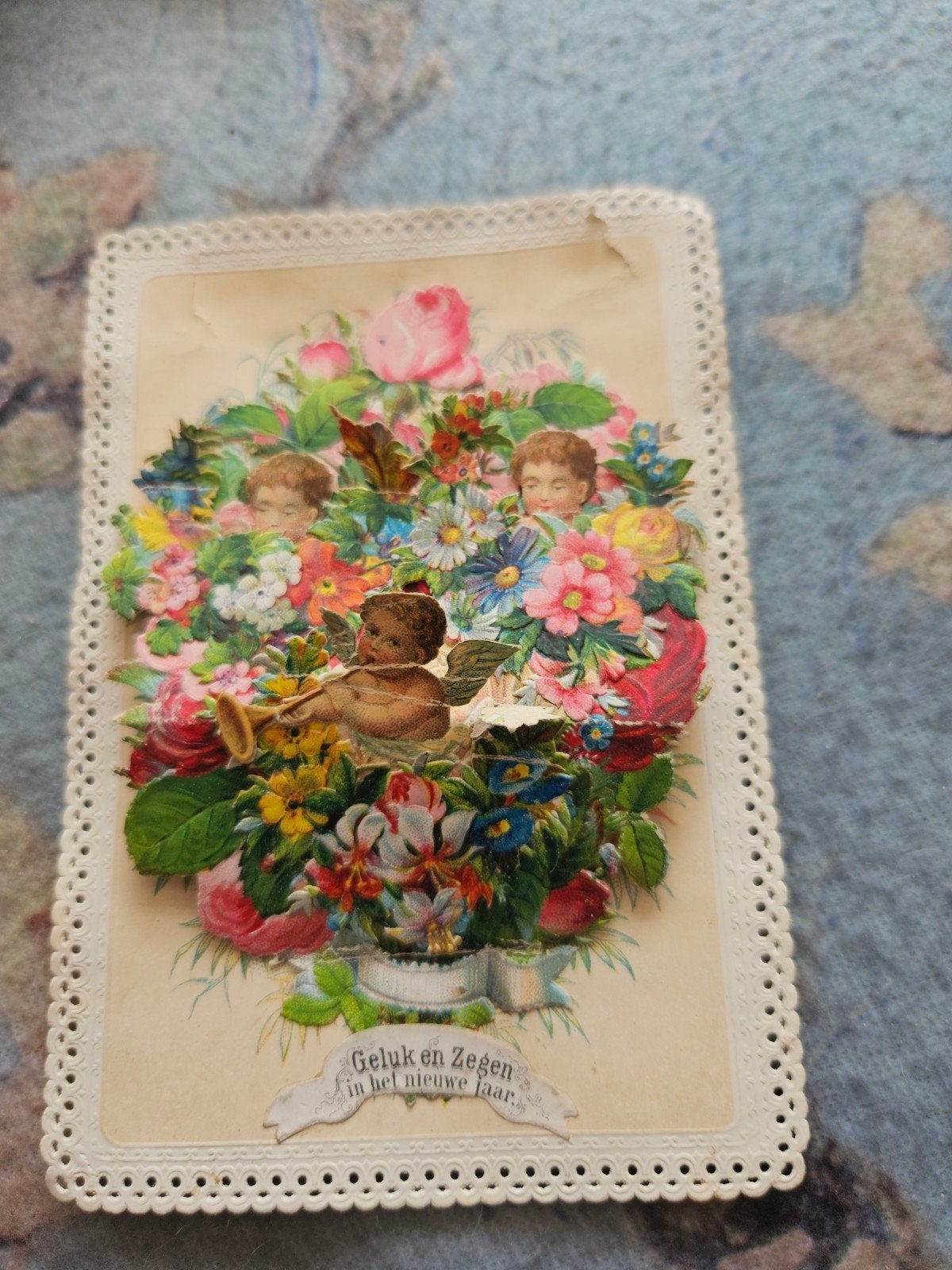 Pop up Nieuwjaarskaart Engeltjes Bloemen (1870), Ophalen of Verzenden, Voor 1920, Gelopen