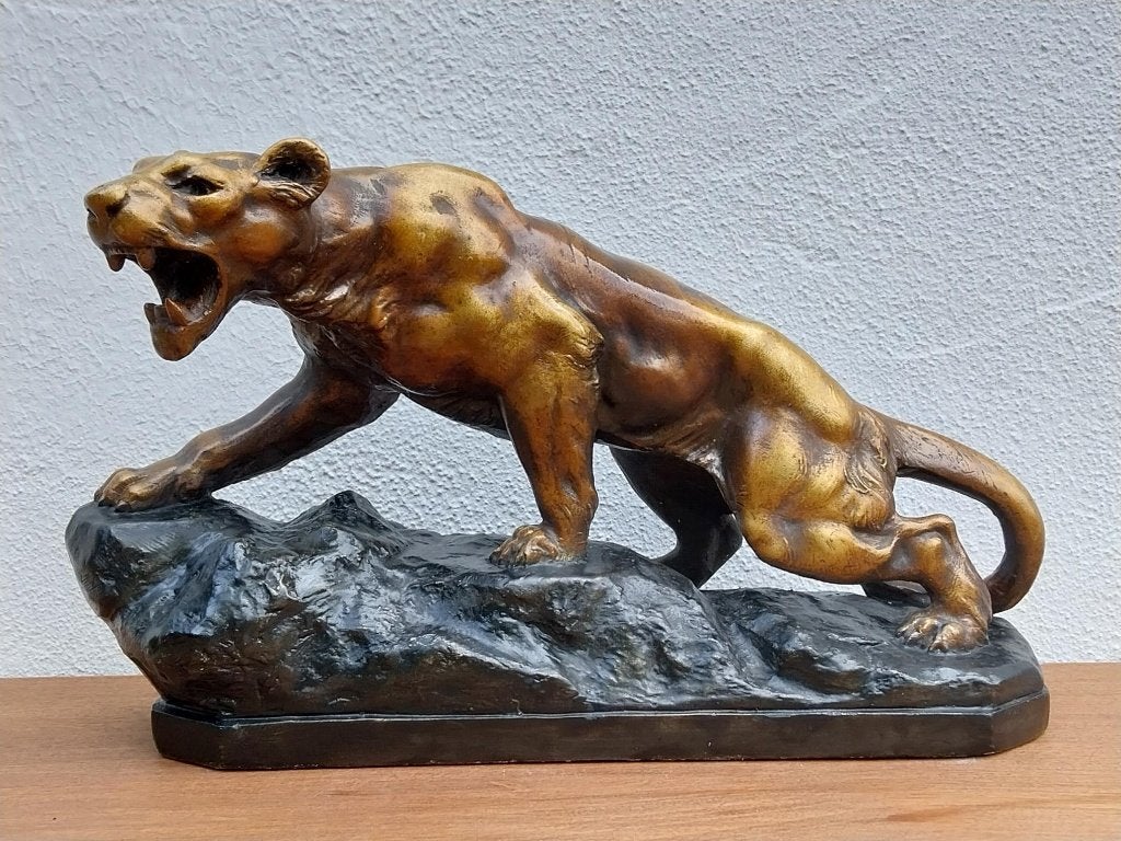 Franse Art Deco panter gips Made in France 42 cm, Art deco, Gips, Ophalen of Verzenden, Zoogdier