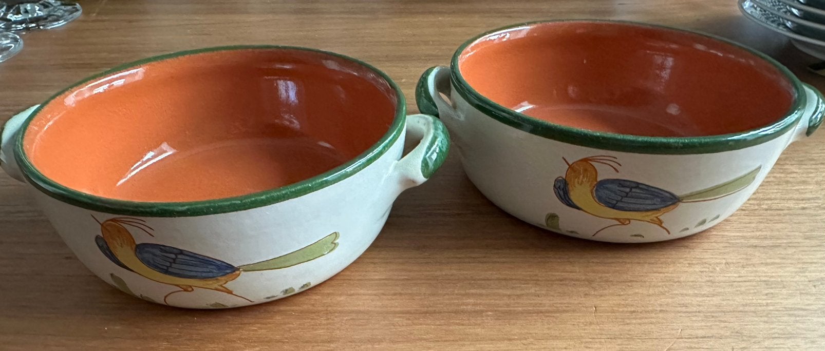 2 vintage Italiaanse terracotta ovenschalen 12 cm vogeldecor, Ophalen of Verzenden