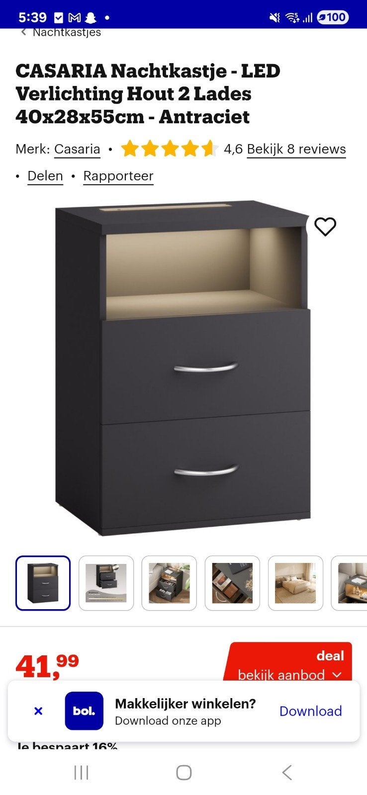 Casaria Nachtkastje met LED Verlichting - Antraciet, Ophalen, Gebruikt, Minder dan 45 cm, 55 tot 70 cm