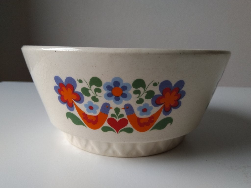 vintage schaal met kleurrijk decor van vogels, Gebruikt, Rond, Ophalen of Verzenden, Balkon