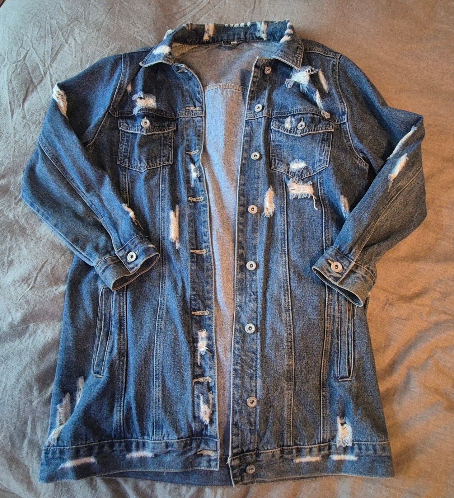 Lange spijkerjas met distressed details - Maat L, Ophalen of Verzenden, Gedragen, Maat 42/44 (L), Blauw