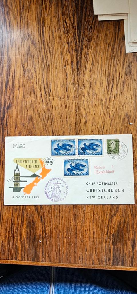 Envelop Londen/Christchurch Air-Race 1953 KLM, Verzenden, Envelop