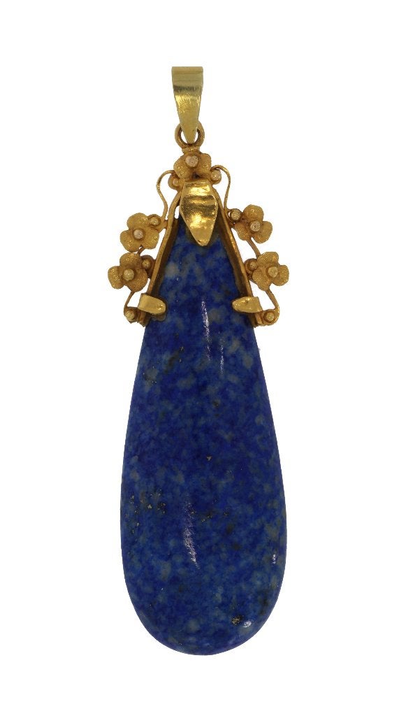 Lapis Lazuli edelsteen 14k gouden grote ketting hanger retro, Ophalen of Verzenden, Goud, Hanger, Met edelsteen