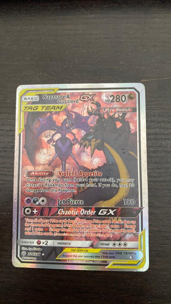 Pokemon kaart naganadel&guzzlord GX, Ophalen of Verzenden, Gebruikt, Losse kaart, Foil