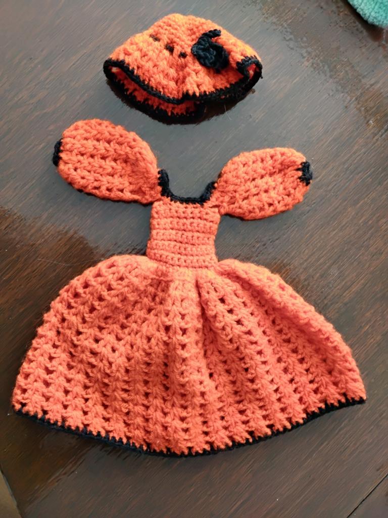Gehaakt Barbie Jurkje met Hoedje - Oranje Retro Vintage, Oranje, Handgemaakt, Textiel, Nieuw