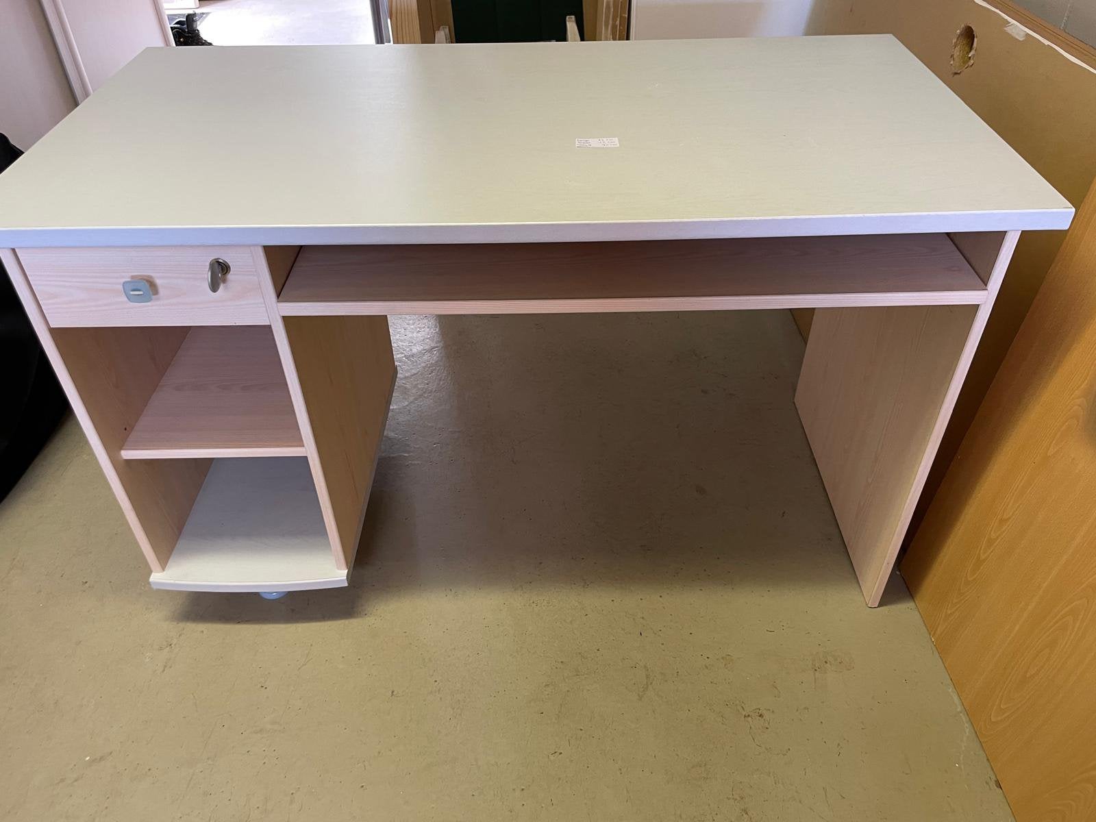 Bureau hout (licht eiken + lichtblauw blad) met lades, Ophalen, Met lades, 63 cm, Hout