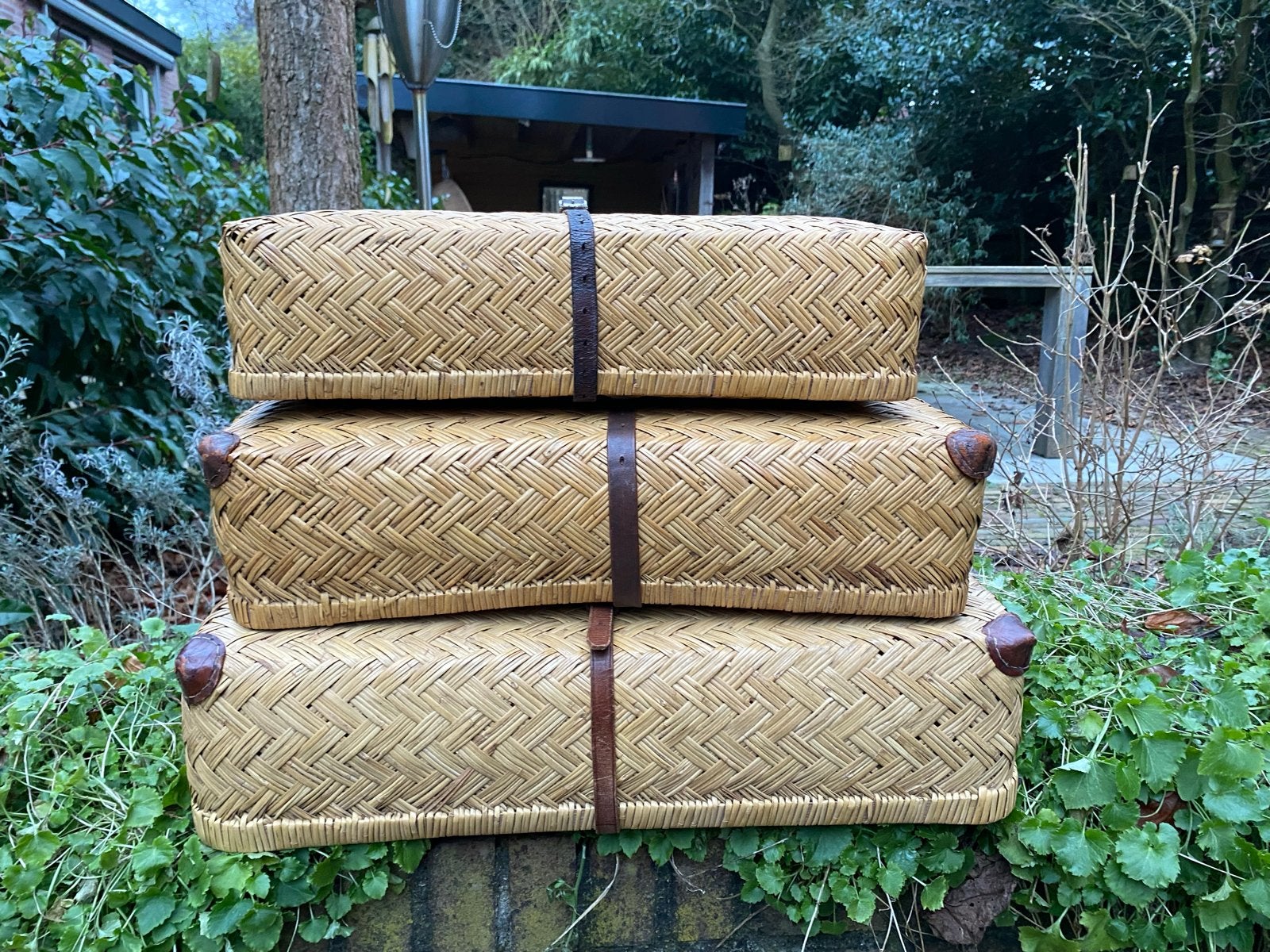 Set van 3 vintage rieten koffers met leren banden, Ophalen