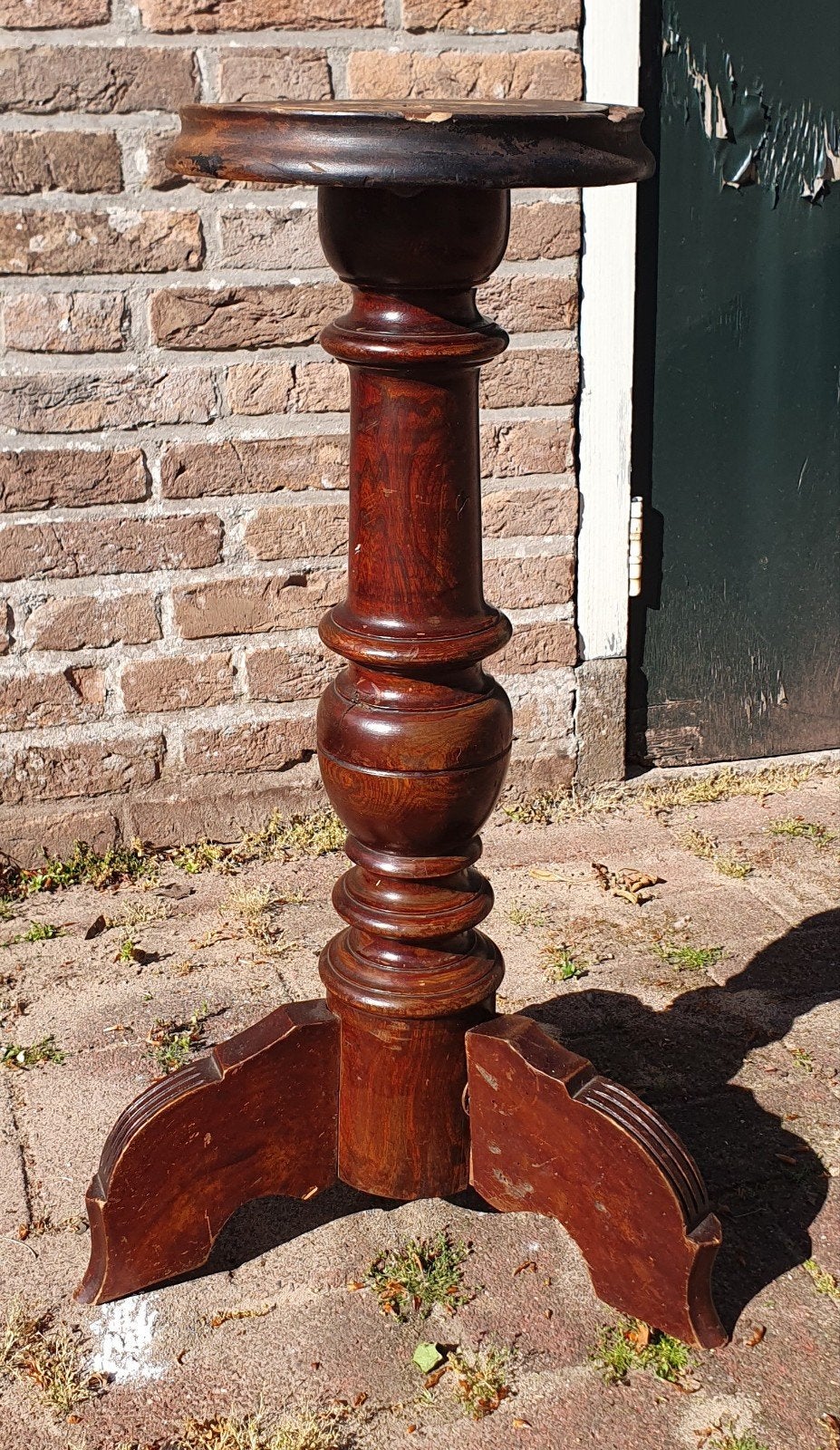 Oude houten plantenstandaard / bijzettafeltje
65cm hoog., Ophalen, Minder dan 55 cm, Gebruikt, Rond