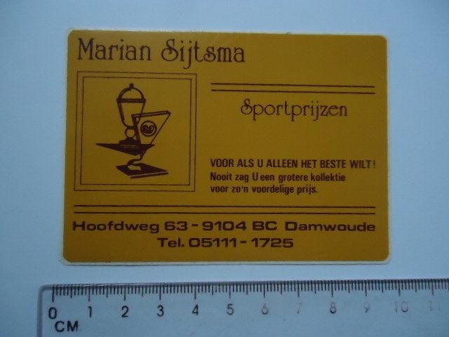 sticker oud Marian SIJTSMA Damwoude sportprijzen dantumadeel, Verzenden, Zo goed als nieuw, Bedrijf of Vereniging