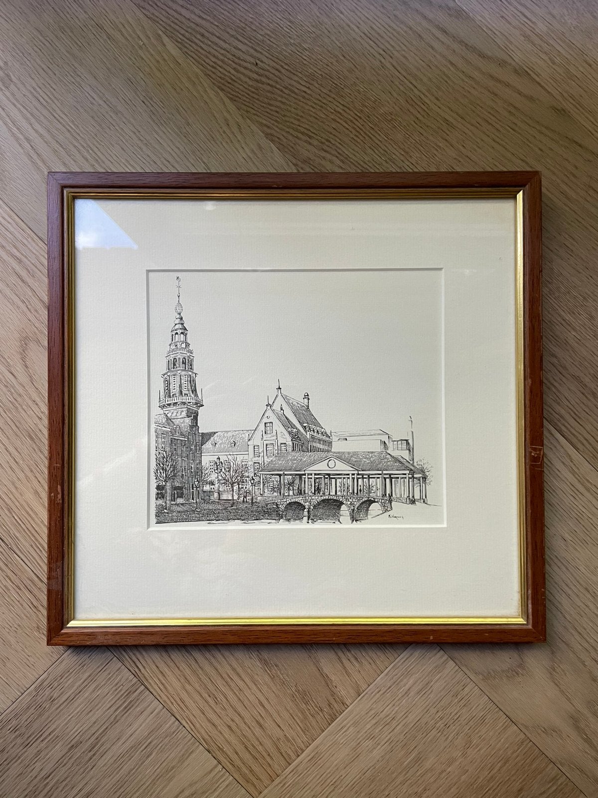 Ets van Leiden Koornbrug, Antiek en Kunst, Ophalen, Ingelijst, 30 cm, Ets