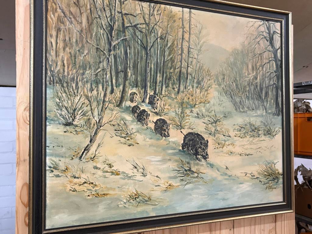 Antiek Schilderij: Zwijnenjacht in Besneeuwd Bos, Antiek en Kunst, Kunst | Schilderijen | Klassiek, Ophalen