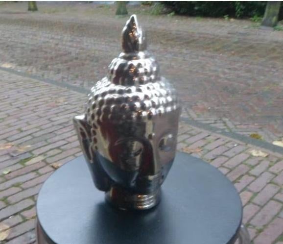 Boeddha hoofd zilver chroom aardewerk glazen kop, Ophalen of Verzenden, Gebruikt