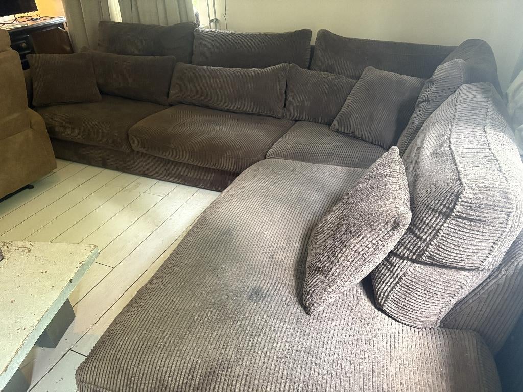 Hoek bank ribstof bruin - Xl, Huis en Inrichting, Banken | Bankstellen, Ophalen, 250 tot 300 cm, Gebruikt, Hoekbank