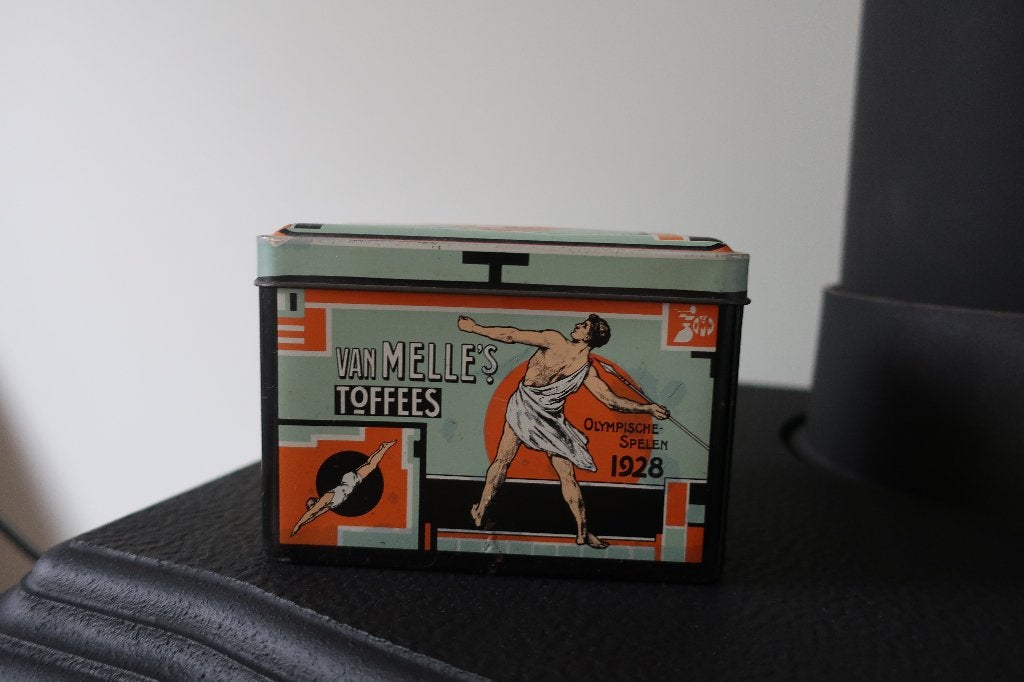 vintage Van Melle's Toffees blik,  Olympische Spelen 1928, Ophalen of Verzenden, Gebruikt, Overige