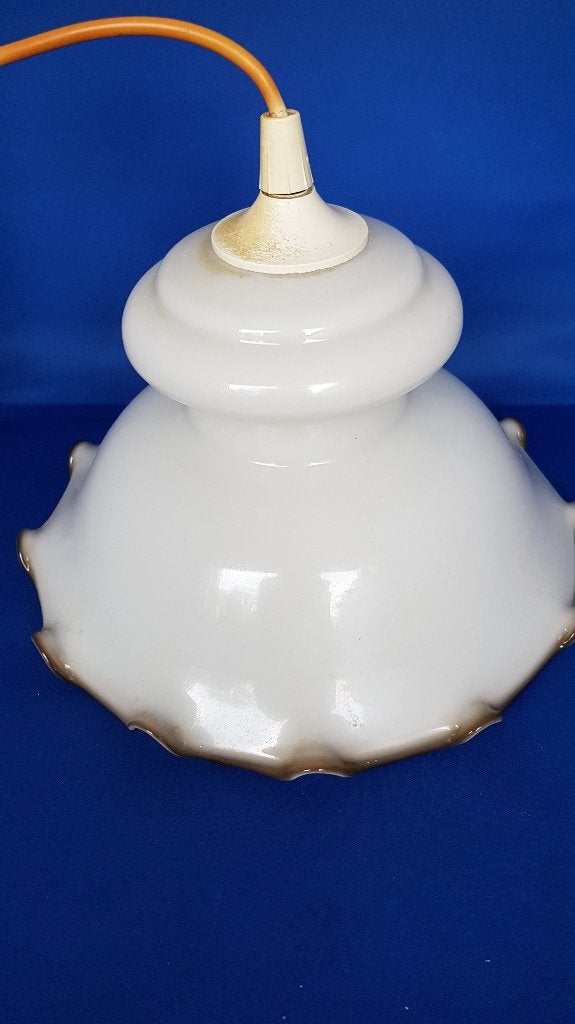Vintage hanglamp, opaline glazen kap, wit met bruin. 6B11, Tweedehands verkoop, Tweedehands verkoop, Gebruikt, Ophalen of Verzenden