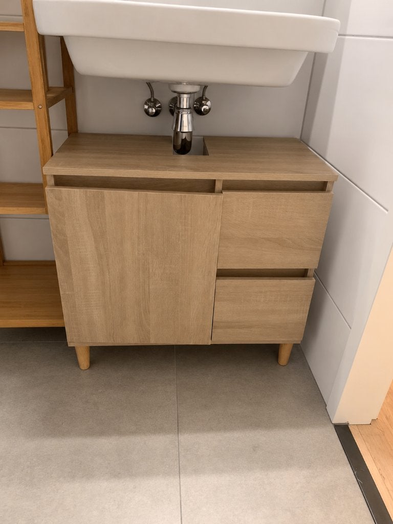 Wastafelonderkast eiken-look 65 cm, 2 lades en deur, Ophalen, Gebruikt, 50 tot 100 cm, Minder dan 100 cm