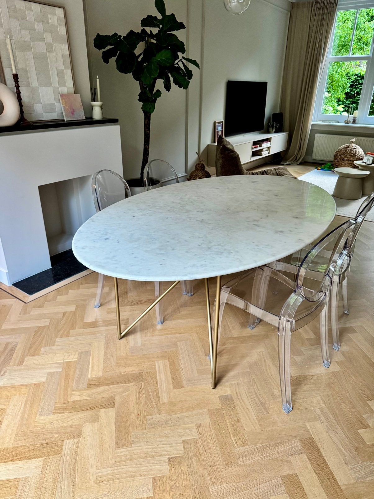 Marmeren eettafel ovaal - metalen onderstel 200 cm x 120 cm, Ophalen, Overige materialen, 100 tot 150 cm, Modern klassiek