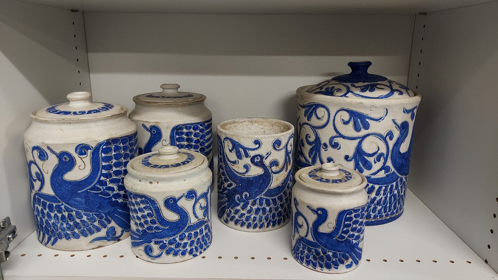 Set van 6 vintage aardewerken potten met blauw decor, Ophalen of Verzenden