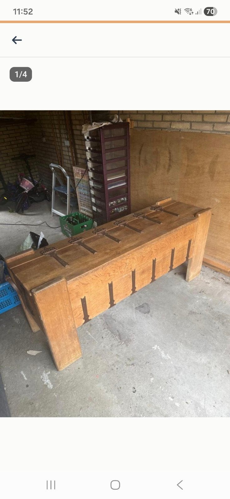 Vintage houten bank met opbergruimte en ijzeren beslag, Ophalen